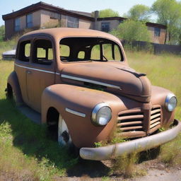 A super old rusty car parked in an abandoned lot