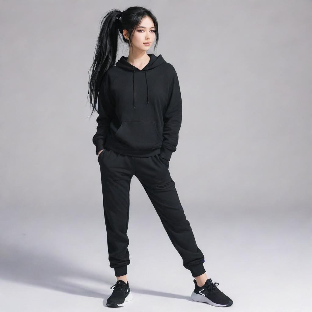 Anime style cute girl with long black hair in a ponytail, wearing black sweatpants.