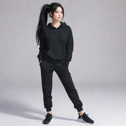 Anime style cute girl with long black hair in a ponytail, wearing black sweatpants.