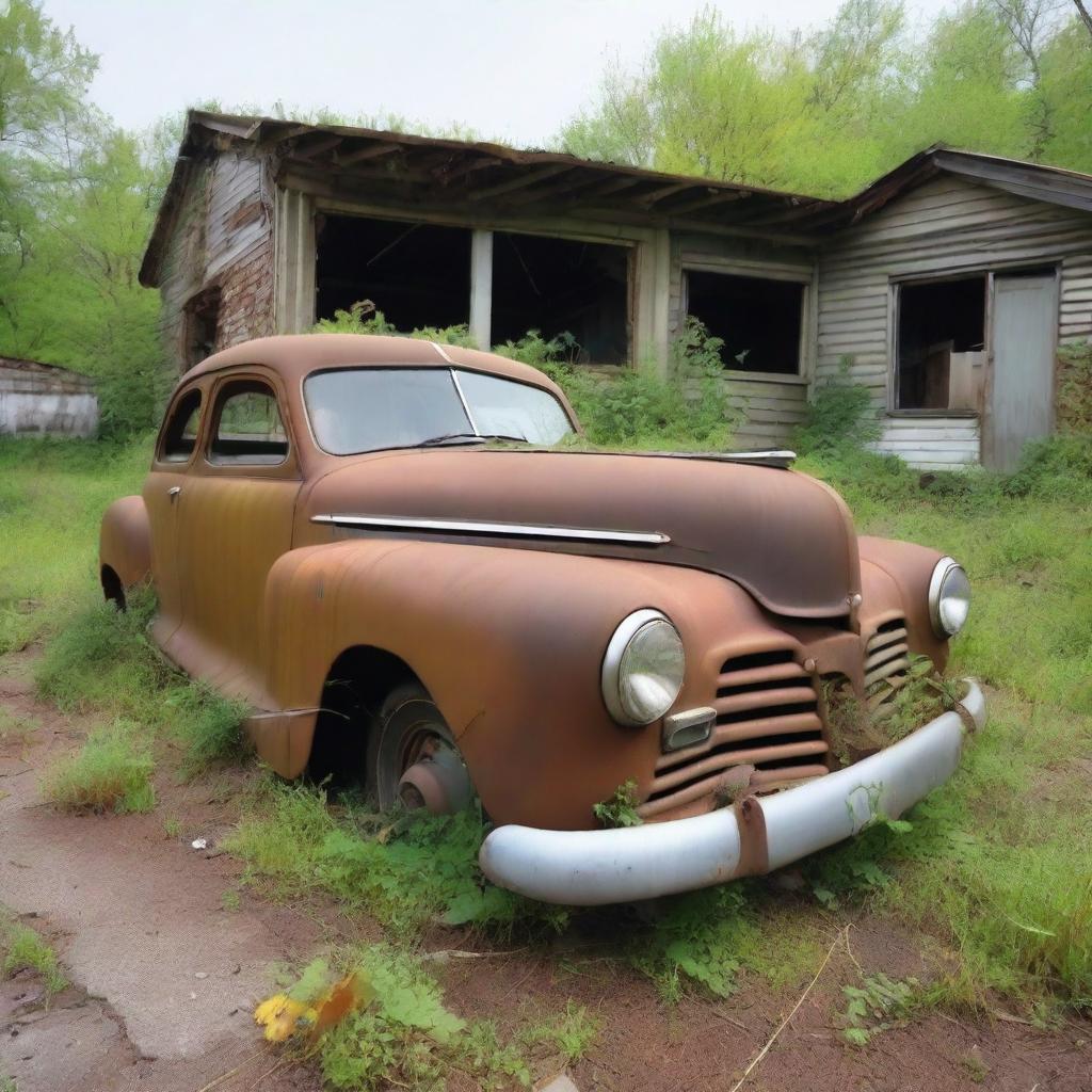 A super old rusty car parked in an abandoned lot