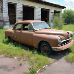 A super old rusty car parked in an abandoned lot