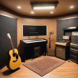 A detailed interior view of a music studio