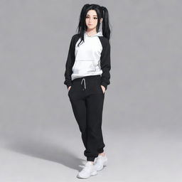 Anime style cute girl with long black hair in a ponytail, wearing black sweatpants.