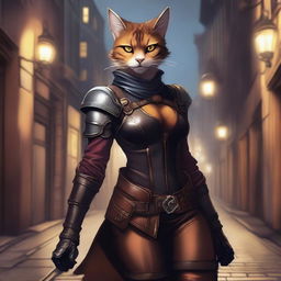 A detailed illustration of a seductive tabaxi female rogue, dressed in form-fitting leather armor, with a sly smile and a confident pose