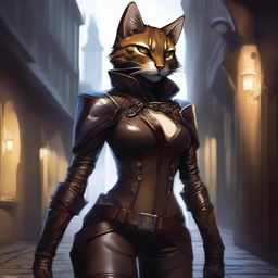 A detailed illustration of a seductive tabaxi female rogue, dressed in form-fitting leather armor, with a sly smile and a confident pose