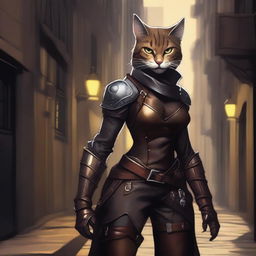 A detailed illustration of a seductive tabaxi female rogue, dressed in form-fitting leather armor, with a sly smile and a confident pose