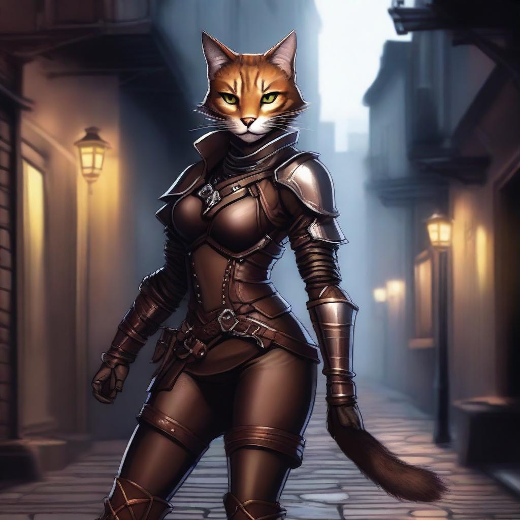 A detailed illustration of a seductive tabaxi female rogue, dressed in form-fitting leather armor, with a sly smile and a confident pose