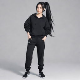 Anime style cute girl with long black hair in a ponytail, wearing black sweatpants.