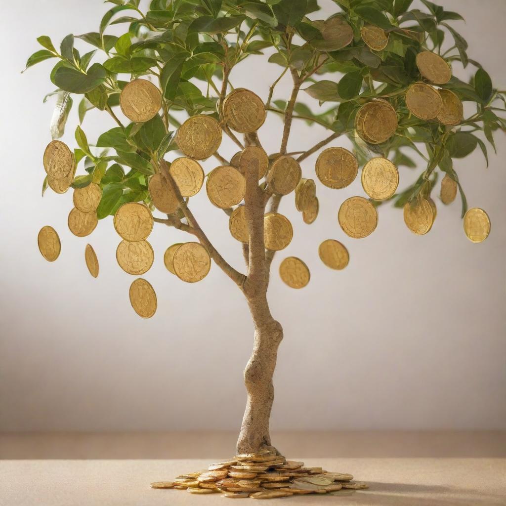 A close-up view of golden coins, crisp money notes and a money tree symbolizing growth and wealth, all bathed in warm light.