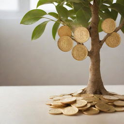 A close-up view of golden coins, crisp money notes and a money tree symbolizing growth and wealth, all bathed in warm light.