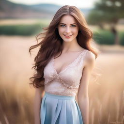 A stunning woman with long, flowing brown hair and captivating blue eyes