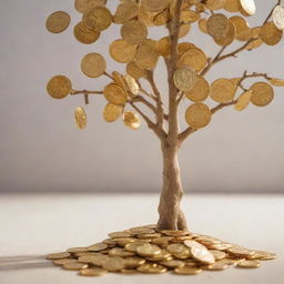 A close-up view of golden coins, crisp money notes and a money tree symbolizing growth and wealth, all bathed in warm light.