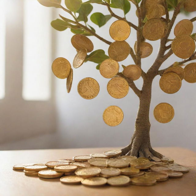 A close-up view of golden coins, crisp money notes and a money tree symbolizing growth and wealth, all bathed in warm light.