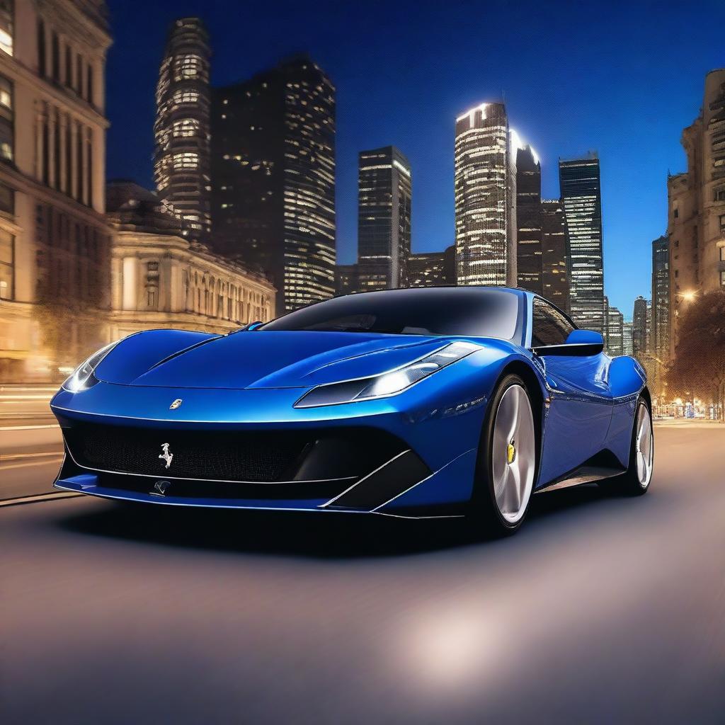 A sleek Blu 812 Ferrari driving through a city at night, with the car's headlights illuminating the road and the city lights reflecting off its glossy surface