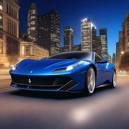 A sleek Blu 812 Ferrari driving through a city at night, with the car's headlights illuminating the road and the city lights reflecting off its glossy surface