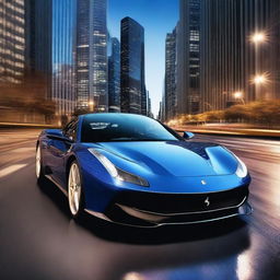 A sleek Blu 812 Ferrari driving through a city at night, with the car's headlights illuminating the road and the city lights reflecting off its glossy surface