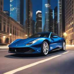 A sleek Blu 812 Ferrari driving through a city at night, with the car's headlights illuminating the road and the city lights reflecting off its glossy surface