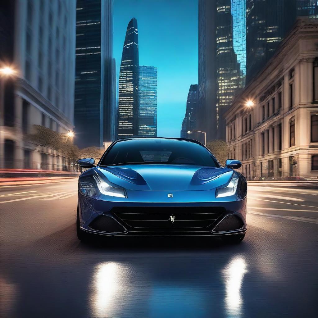 A sleek Blu 812 Ferrari driving through a city at night, with the car's headlights illuminating the road and the city lights reflecting off its glossy surface