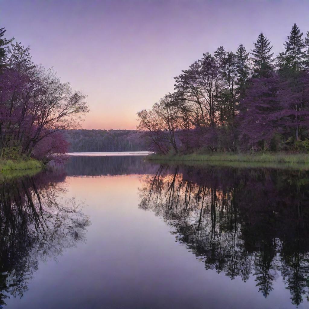 A serene landscape at sunset, lush trees casting long shadows, and a still lake reflecting the purple hues of the evening sky.