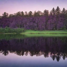 A serene landscape at sunset, lush trees casting long shadows, and a still lake reflecting the purple hues of the evening sky.