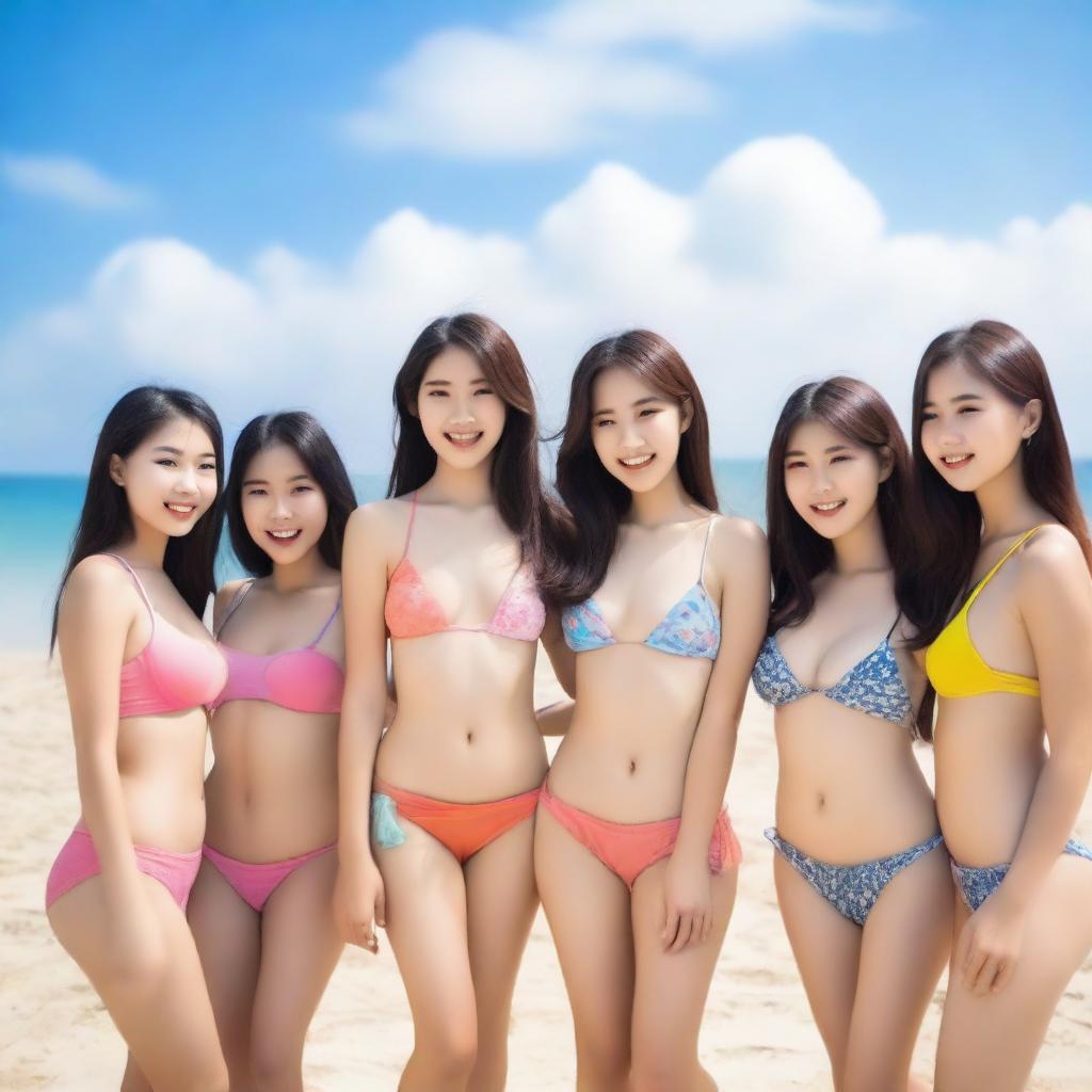 A group of 19-year-old Asian girls in bikinis, each with unique and cute features, showcasing their natural beauty