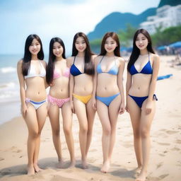 A group of 19-year-old Asian girls in bikinis, each with unique and cute features, showcasing their natural beauty