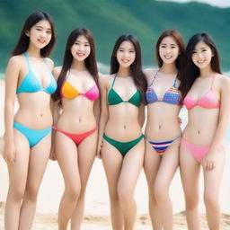 A group of 19-year-old Asian girls in bikinis, each with unique and cute features, showcasing their natural beauty