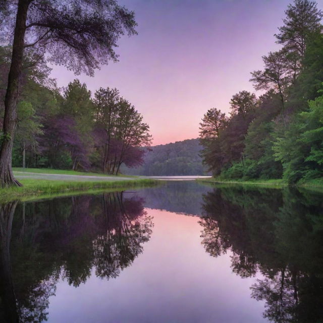 A serene landscape at sunset, lush trees casting long shadows, and a still lake reflecting the purple hues of the evening sky.