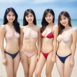 A group of 19-year-old Asian girls in bikinis, each with unique and cute features, showcasing their natural beauty