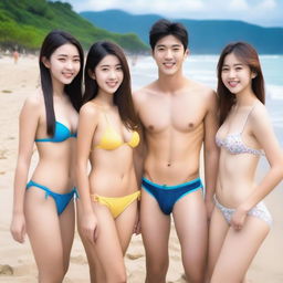 A group of 19-year-old Asian girls in bikinis, each with unique and cute features, showcasing their natural beauty