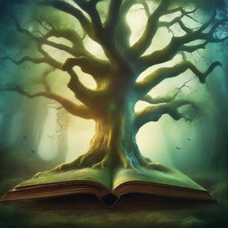 Create a captivating book cover featuring a mystical forest with an ancient, glowing tree at its center