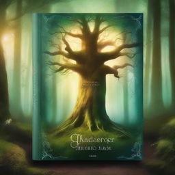 Create a captivating book cover featuring a mystical forest with an ancient, glowing tree at its center