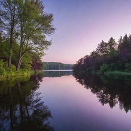 A serene landscape at sunset, lush trees casting long shadows, and a still lake reflecting the purple hues of the evening sky.