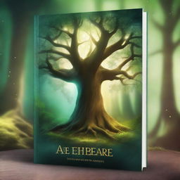 Create a captivating book cover featuring a mystical forest with an ancient, glowing tree at its center