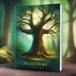 Create a captivating book cover featuring a mystical forest with an ancient, glowing tree at its center