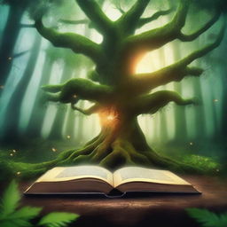 Create a captivating book cover featuring a mystical forest with an ancient, glowing tree at its center