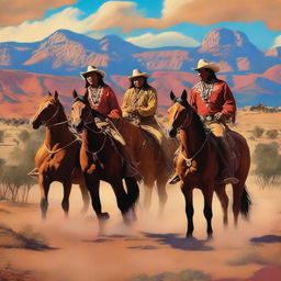 A vibrant and dynamic scene featuring traditional Native American Indians and Cowboys in a Western setting