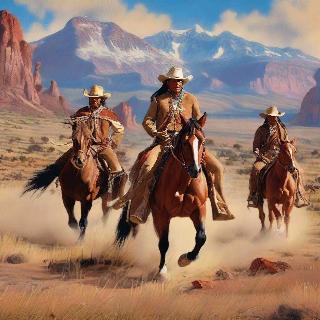 A vibrant and dynamic scene featuring traditional Native American Indians and Cowboys in a Western setting