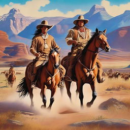 A vibrant and dynamic scene featuring traditional Native American Indians and Cowboys in a Western setting