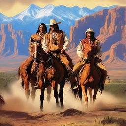 A vibrant and dynamic scene featuring traditional Native American Indians and Cowboys in a Western setting