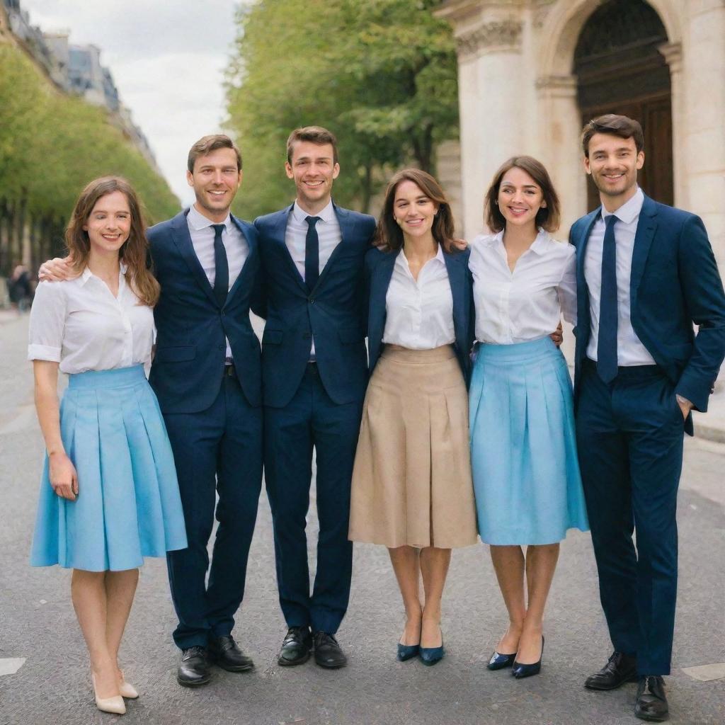 A joyful group of young professionals in Paris, consisting of 2 men and 3 women dressed in well-suited skirts, cheerfully smiling