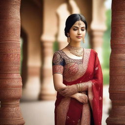 A beautiful Indian woman wearing traditional attire, standing gracefully with a serene background