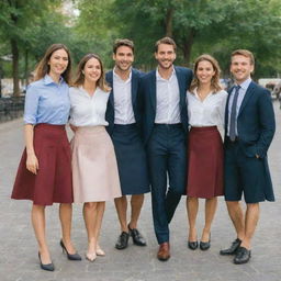 A joyful group of young professionals in Paris, consisting of 2 men and 3 women dressed in well-suited skirts, cheerfully smiling