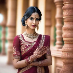 A beautiful Indian woman wearing traditional attire, standing gracefully with a serene background