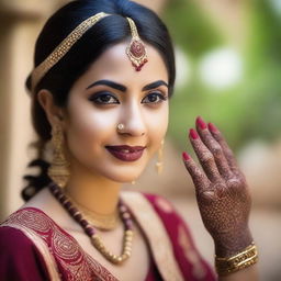 A beautiful Indian woman wearing traditional attire, standing gracefully with a serene background