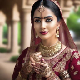 A beautiful Indian woman wearing traditional attire, standing gracefully with a serene background