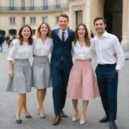 A joyful group of young professionals in Paris, consisting of 2 men and 3 women dressed in well-suited skirts, cheerfully smiling