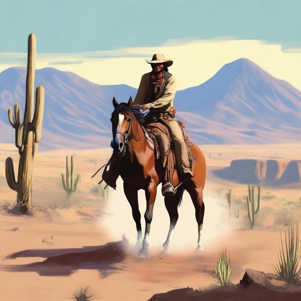 A dynamic scene featuring a cowboy and a Native American on horseback, both engaged in a shootout