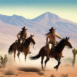 A dynamic scene featuring a cowboy and a Native American on horseback, both engaged in a shootout