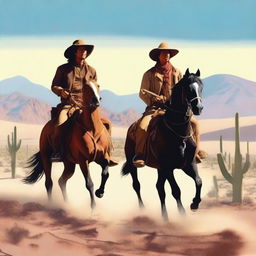 A dynamic scene featuring a cowboy and a Native American on horseback, both engaged in a shootout